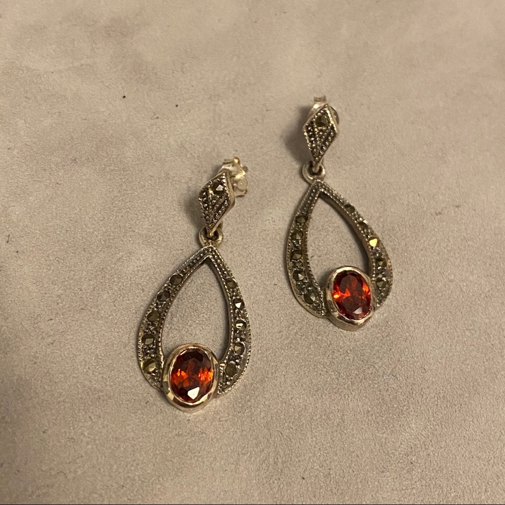Garnet and marcasite sterling silver earrings